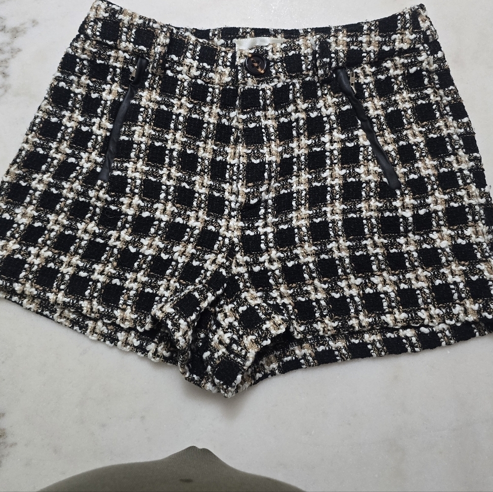 Aniina High Waist Plaid Shorts - Black and White